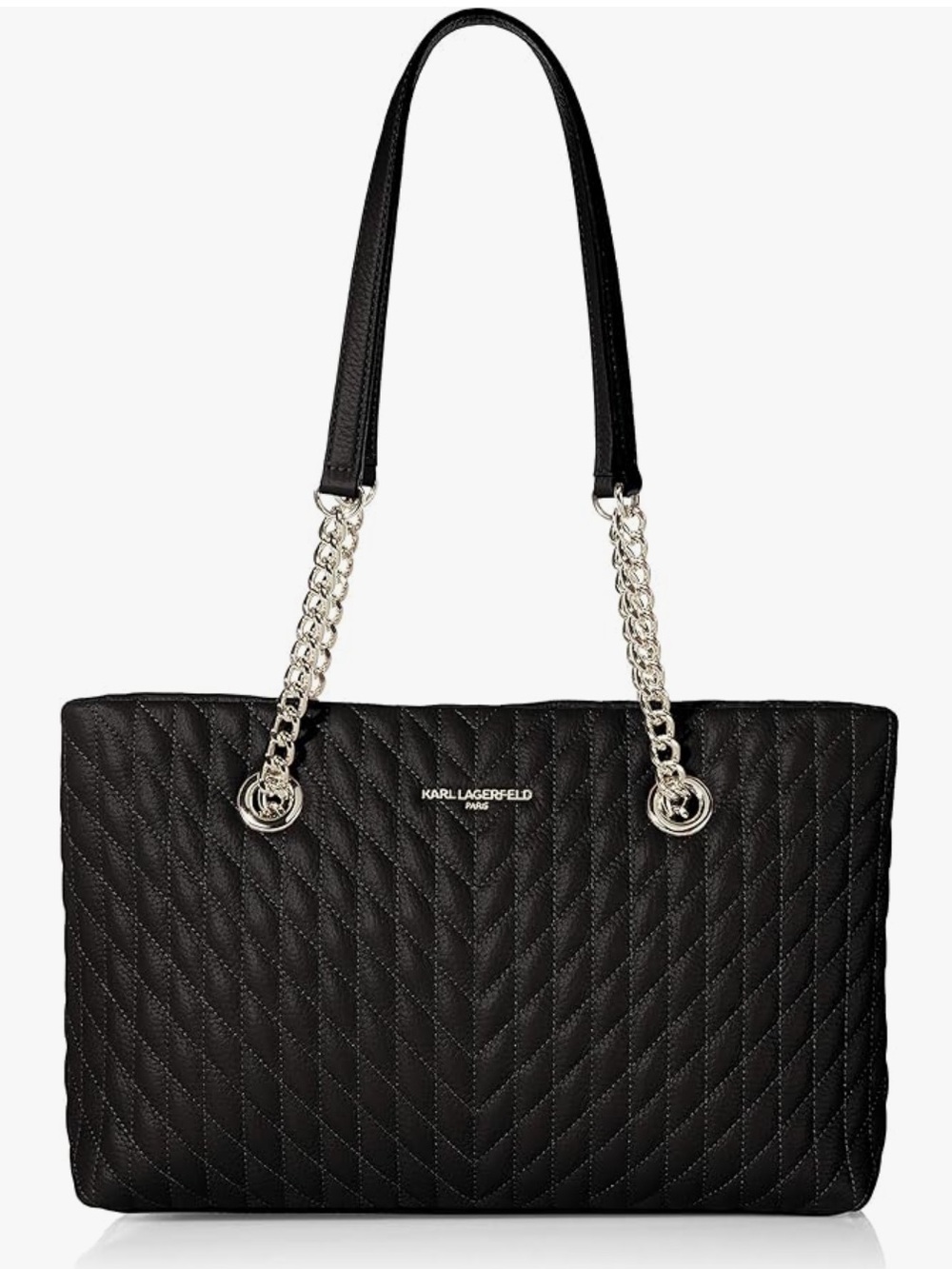Karl Lagerfeld Black Quilted Tote Silver Chain Straps Paris karolina purse bag